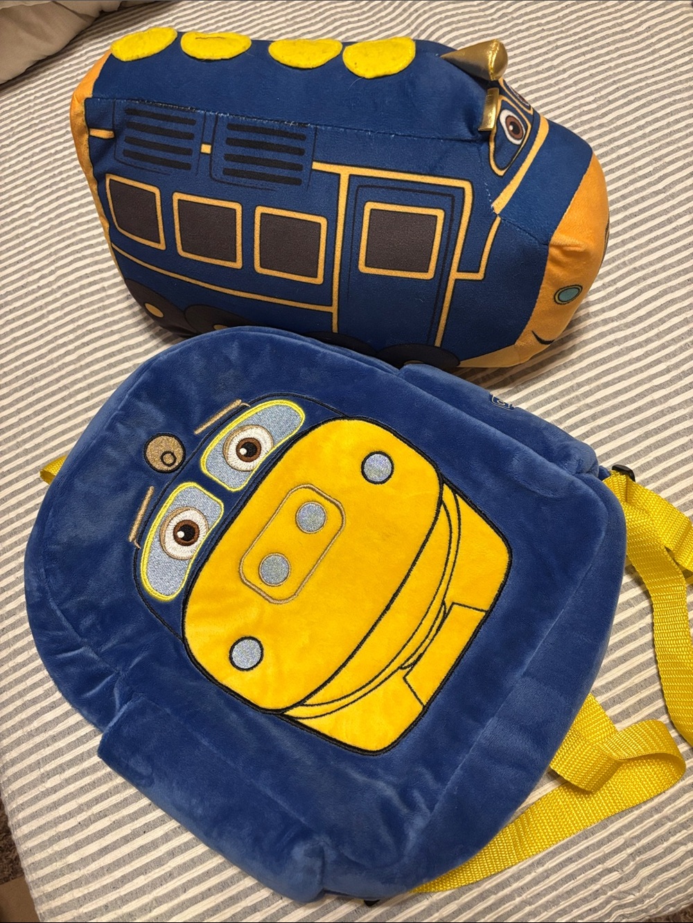Plush Kids Bus Backpack with Matching Pillow - Blue & Yellow